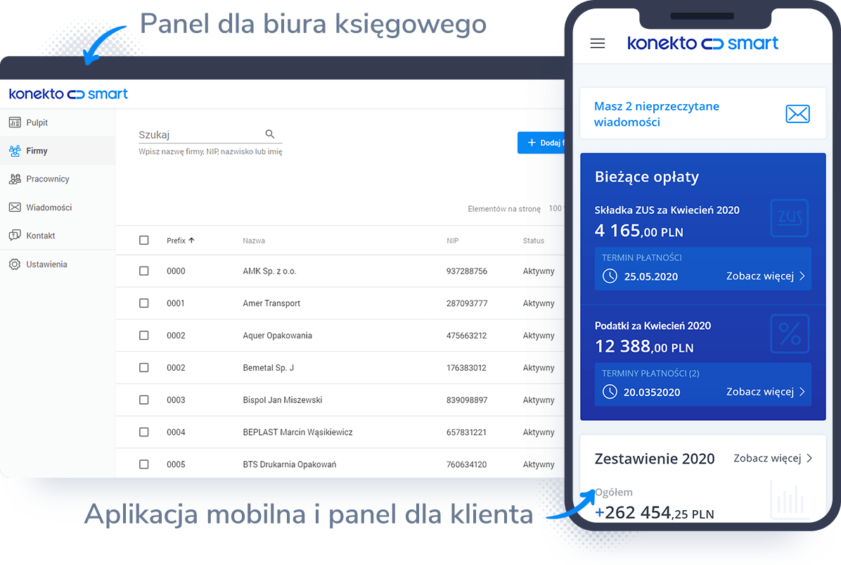 Panel dla biura księgowego oraz panel i aplikacja mobilna dla klienta